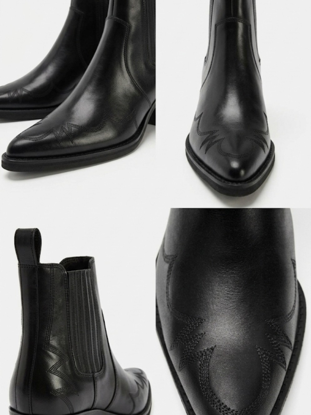 ZARA Black Leather Cowboy Chelsea Boots Embroidered Size 40 US 9